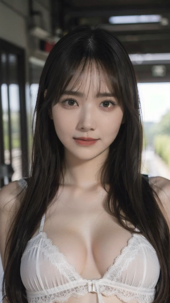 realistic photos of (1 cute Korean star) flipped hair, thin makeup, big breasts, sexy erotic tiny string of G-string lingerie, at the train station, clear facial features of Canon EOS, 16k, high resolution, sharp and realistic details,  overexposure, cut-in, UHD, high res, best quality, 3/4 body, little smile, (sweating), ((long hair))