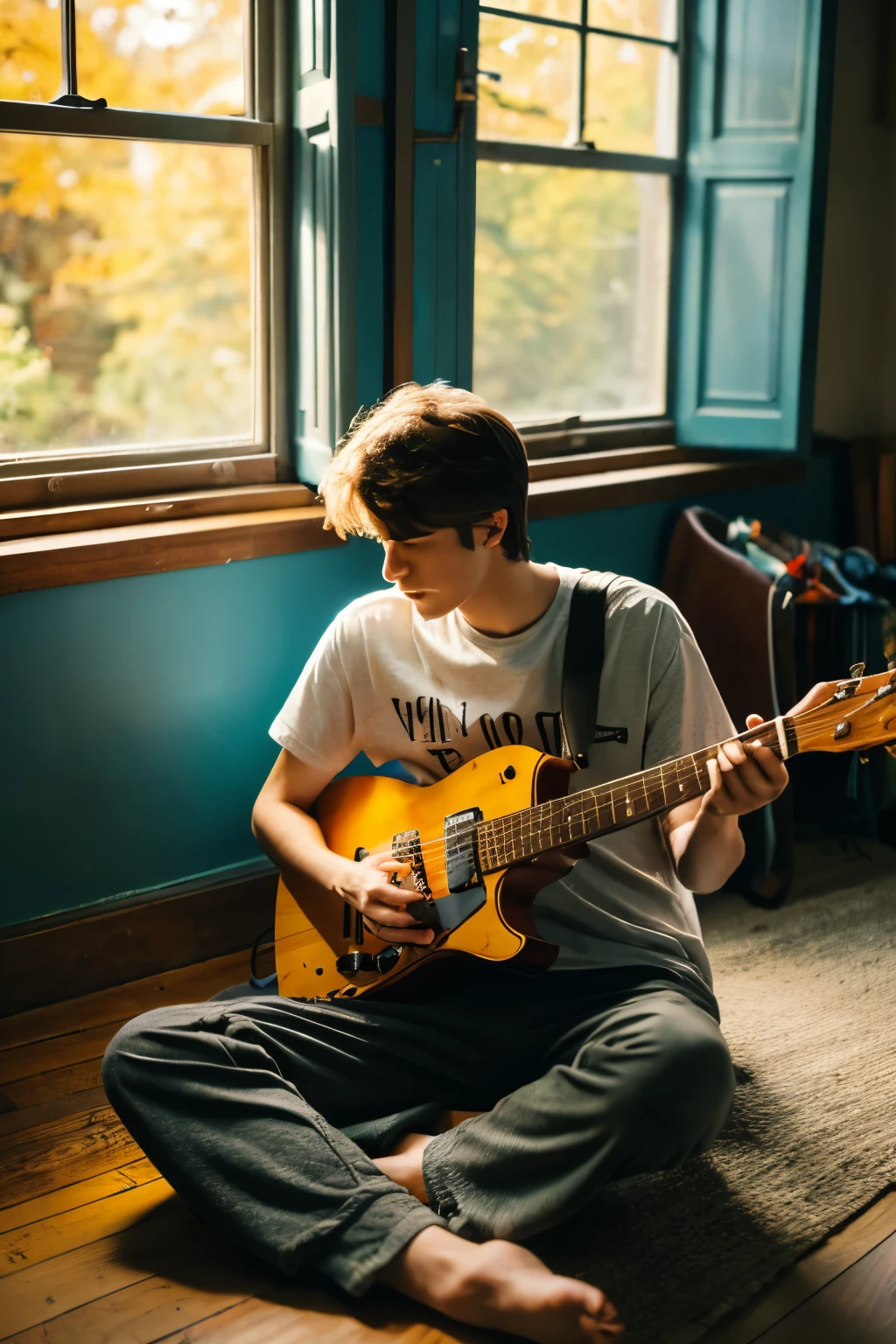 Young boy,24yo,playing guitar, looking downward, wearing t-shirt and pants,sitting on the floor,room,open windows, curtains waving by wind, autumn,