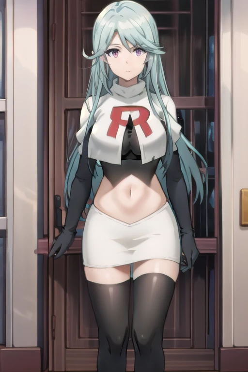 tall body, tall, long legs, mature female, mature, adult, simple background,
eft_eminence_epil, 1girl, twintails, purple eyes, long hair, looking at viewer, solo focus, bangs, blue hair, indoors, very long hair, breasts, sidelocks, team rocket,team rocket uniform,white skirt,red letter R,crop top,black thigh-highs,black elbow gloves
