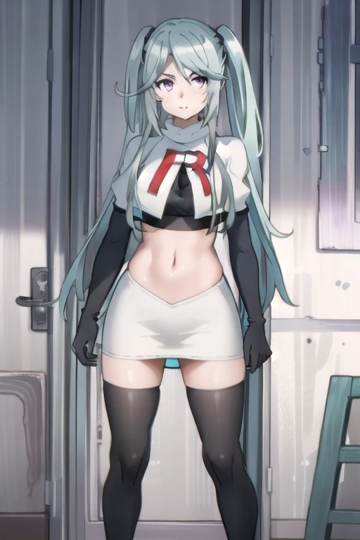 tall body, tall, long legs, mature female, mature, adult, simple background,
eft_eminence_epil, 1girl, twintails, purple eyes, long hair, looking at viewer, solo focus, bangs, blue hair, indoors, very long hair, breasts, sidelocks, team rocket,team rocket uniform,white skirt,red letter R,crop top,black thigh-highs,black elbow gloves