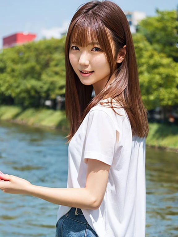 A thin Japanese woman in her 20s,Cute Face, Round face, Fine grain, Neat, Short sleeve white shirt, Walking along the river, early summer, Fine weather, sunny, In town, Portraiture