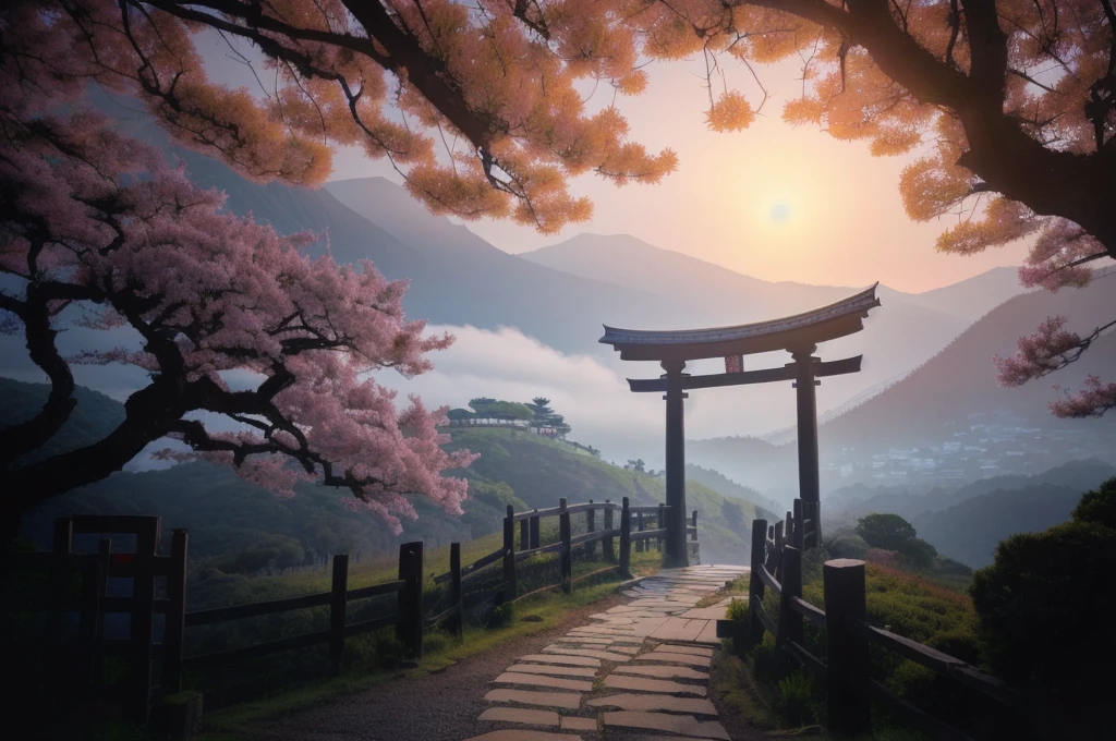 Arafad view with gate and path leading to the mountain, Mount Japan中的鸟居, Torii gate with trees on the mountain, Japanese Landscape, The Flowery Road to Heaven, Japanese Nature, Japanese travel aesthetics, lush Japanese Landscape, Inspired by Torii Kiymoto, Japanese temples, Mount Japan, Japanese Shrines, Centered Torii