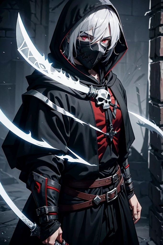 An assassin, male, fantasy character, physically strong, wearing a skull mask covering his face and eyes, dressed in black medieval attire, with a white hooded cloak over it, gray hair, short hair, red eyes, holding a dagger, nighttime background.