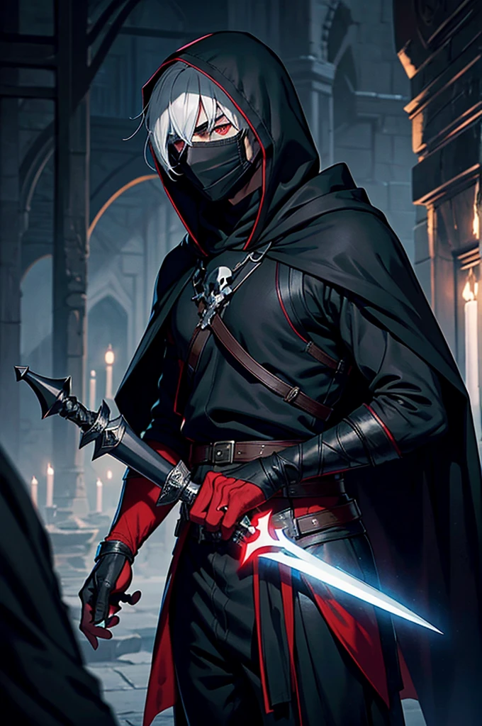 An assassin, male, fantasy character, physically strong, wearing a skull mask covering his face and eyes, dressed in black medieval attire, with a white hooded cloak over it, gray hair, short hair, red eyes, holding a dagger, nighttime background.