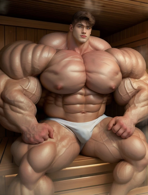 1boy, giant, giant bodybuilder, stand, warm light, strong body, bulk, large size, staring, sitting in the sauna, open legs, nude, white triangular underwear, prominent bulge, extraordinary big, brutalmass, giant, muscular body, bulk, buff, massive body, large meaty body size, extremely wide body