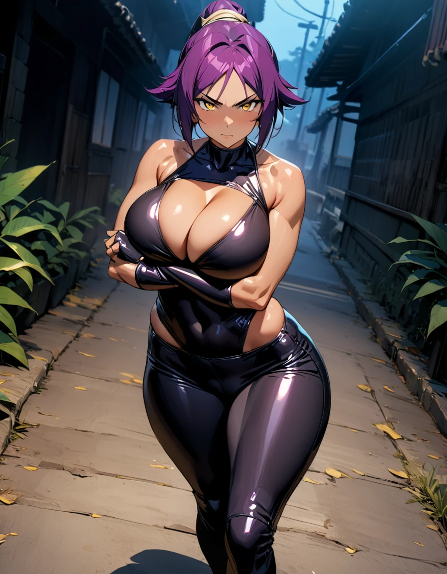 [[1girl,  \(Yoruichi Shihouin\), Yoruichi Shihouin]], beautiful detailed eyes, dark purple hair , Golden Colored eyes, curvy, large breasts, Mature, Serious , dark skin , big buttocks:1.5,(cleavage) , (breast hold), (sexy ninja apparel), fighting pose, (Full body shot), outdoors , Nighttime , On a mission ,dynamic angle, Highest quality, Super detailed, masterpiece, Ultra-high resolution, 8k