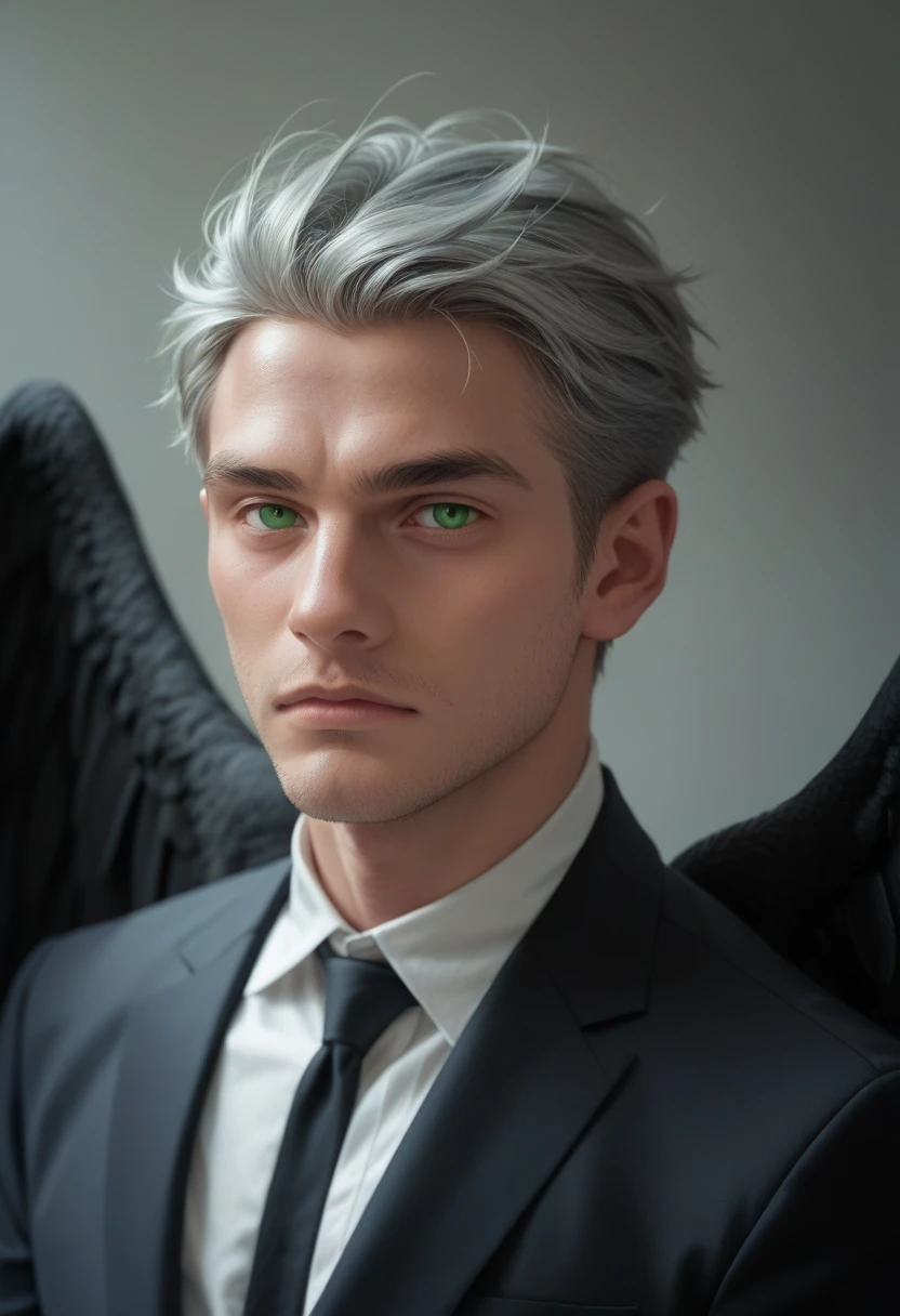 A man with silver skin and green eyes, zero hair with a calm face, with wings and all black suit