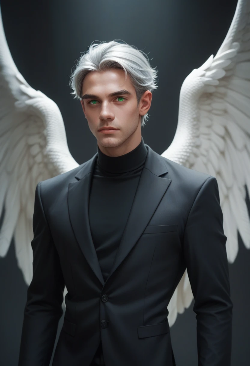 A man with silver skin and green eyes, zero hair with a calm face, with wings and all black suit 