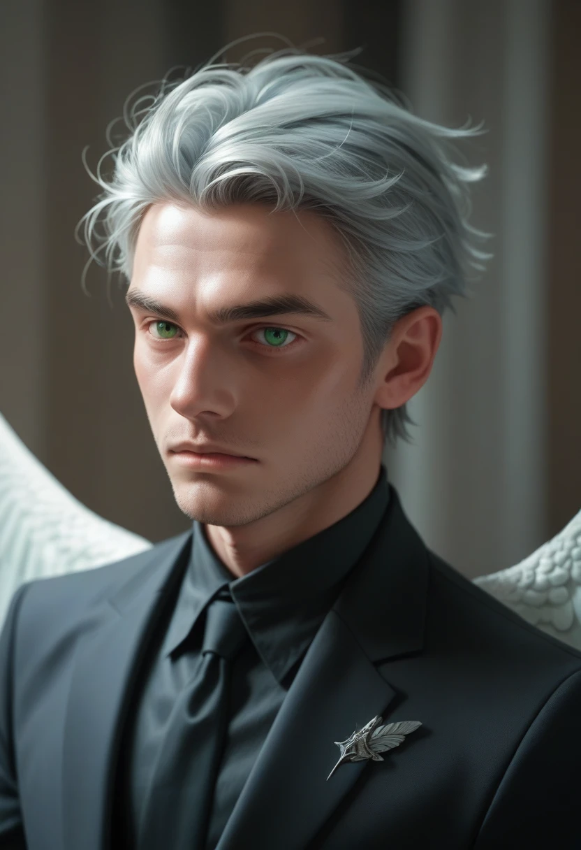 A man with silver skin and green eyes, zero hair with a calm face, with wings and all black suit 