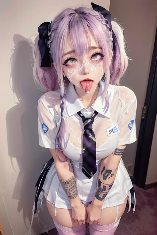 high quality, detailed,she is standing,she is and junior High school girl wearing very very wet and very transparent short sleeve white shirt and purple tie,purple plaid skirt,(hair up,hair up)(wearing black overknee socks),a mole under the eye,(tounge out,tounge out tounge out),(blushing:1.4),the whole body,the whole body,tattoo,tattoo,(((cum on clothes:1.3))), (((cum on hair:1.3))), (((cum on face:1.3))),, ((((large amount of semen:1.3))))taken from the front