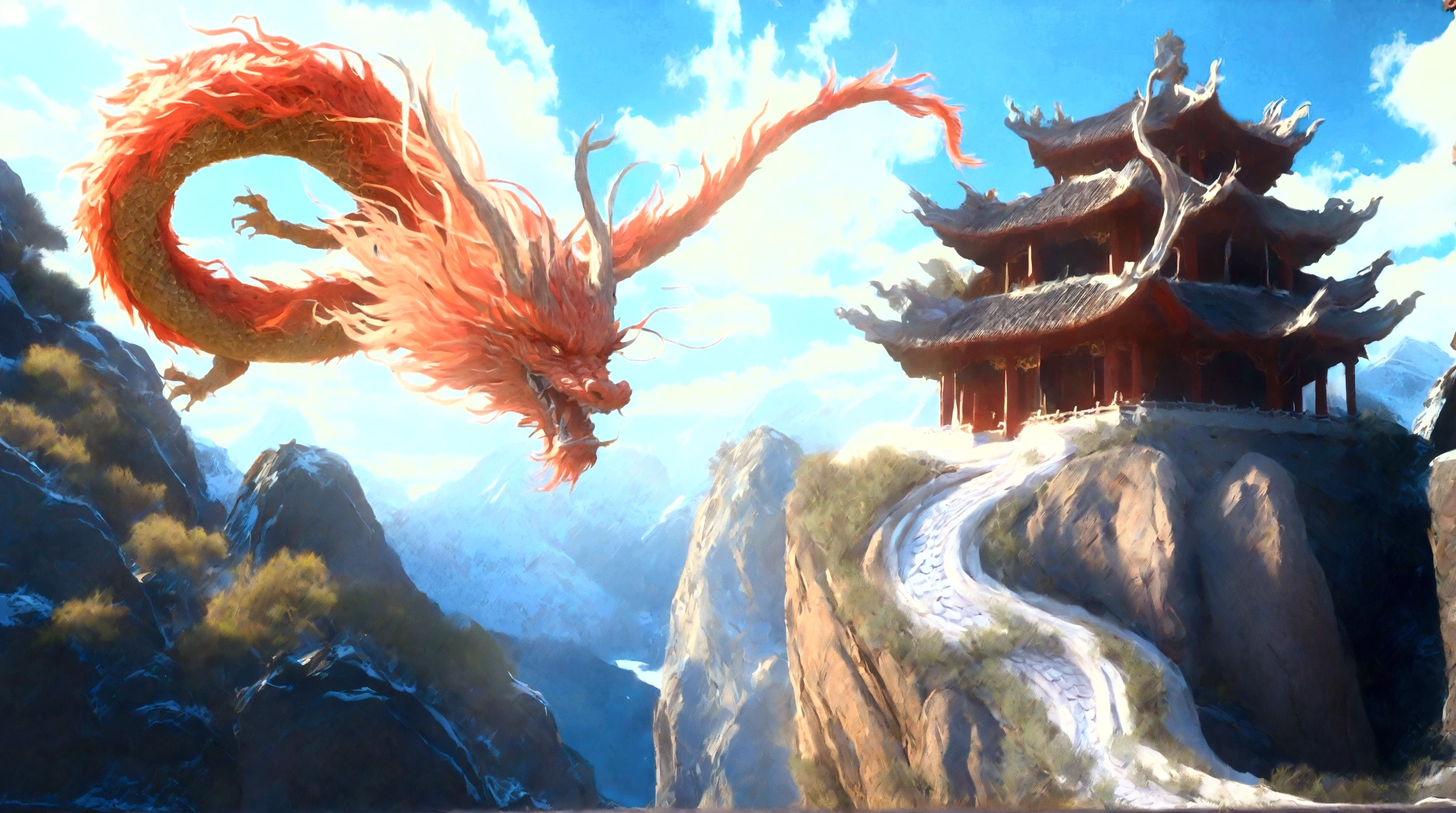 Create a digital artwork that captures a majestic red Chinese dragon soaring above a temple situated on a mountain. The temple features intricate architecture, with ornate roofs and detailed carvings, surrounded by lush trees and rugged rocks. A winding staircase leads up to the temple, and a solitary man is seen walking up the stairs, his form small in comparison to the grandeur of the scene.

The dragon, colossal in size, has a serpentine body that is visible in its entirety, revealing its majestic red scales. It has three antler-like horns on each side of its head, adding to its regal appearance. The dragon’s face is in sharp focus, displaying intricate scales and piercing eyes that gazeCreate a digital artwork that captures a majestic red Chinese dragon soaring above a temple situated on a mountain. The temple features intricate architecture, with ornate roofs and detailed carvings, surrounded by lush trees and rugged rocks. A winding staircase leads up to the temple, and a solitary man is seen walking up the stairs, his form small in comparison to the grandeur of the scene.

The dragon, colossal in size, has a serpentine body that is visible in its entirety, revealing its majestic red scales. It has three antler-like horns on each side of its head, adding to its regal appearance. The dragon’s face is in sharp focus, displaying intricate scales and piercing eyes that gaze down at the man below. The texture of its skin should be hyper-detailed, capturing the realism of each scale and the subtle nuances of its expression.

The overall scene should be rendered in super-realistic, hyper-detailed 4k and 8k resolution, emphasizing the fine details of the dragon’s face, the temple, and the natural surroundings. The atmosphere should evoke a sense of awe and wonder, highlighting the ancient and mystical essence of the dragon as a guardian of the mountain temple.undefined, undefined, undefined, undefined, undefined, undefined, undefined, undefined, undefined, undefined, 