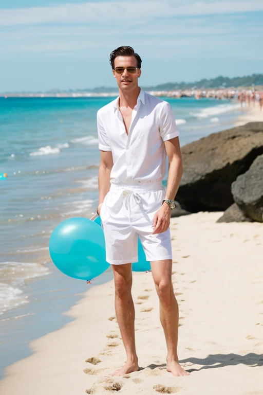 Mister white tall skinny handsome man on the beach , a catwalk box with a swimsuit, many people celebrating with a bubble and balloon