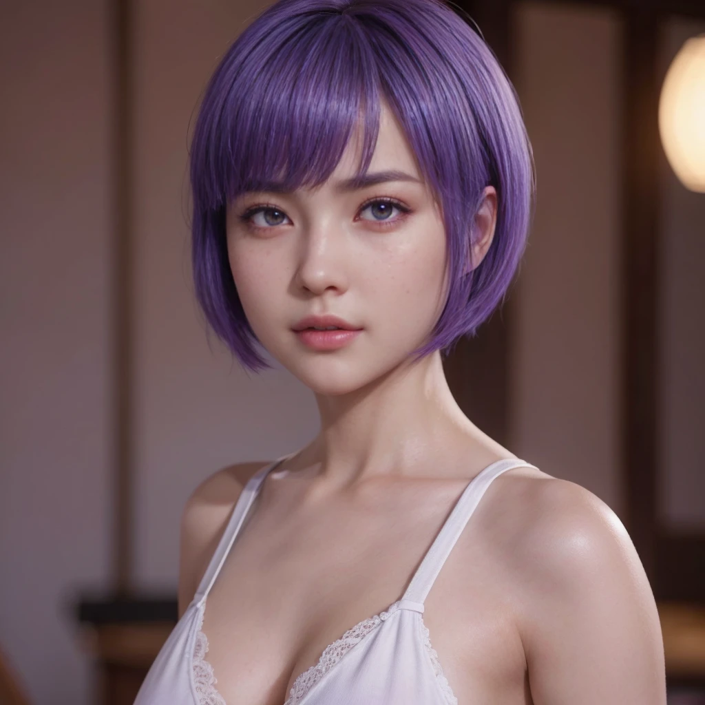 Ayane, cabelo roxo, (best qualityer, ultra detali), (realisitic:1.37), beautiful and detailed face, ultra-realisitic texture, 精致的面容, Delicate body, red lipgloss stick, long-lasting colors. High definition, 8k.