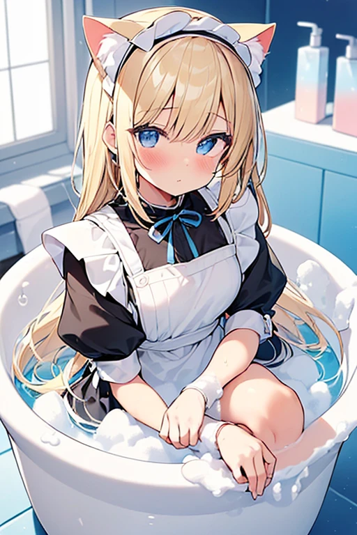 (Ultra high quality:1.6), (Highest quality:1.6), (Attention to detail:1.6), (Ultra-high resolution:1.6), (Detailed face:1.6), (Perfect Face:1,6), (Beautiful Eyes:1,6), (Detailed eyes:1.6), (Maid clothes, White apron, Headband, Black Dress, Blue ribbon, Maid clothes, Classic, Small breasts, Long:1.4), (白と黒のMaid clothes:1.6), (Blonde, Blue Eyes, Cat ear:1.5), cute, The best smile, Soaking wet, (Water droplets all over the body:1.4), (全身が白いBubbleまみれ:1.6), (Swimming in clothes, bathing, Bathroom, Longの浴槽:1.6), (relax, Relax in the bathtub:1.6), (Bubbleで溢れる浴槽:1.6), (Maid clothesのまま浴槽へ:1.5), 全身にBubble, (衣服にも白いBubble:1,5), (Soak in deep water:1.6), (Bubbleの深いお湯:1.6), (Wash your body with your clothes on:1,4), Bubbleを纏う, (shampoo, Body Soap, sponge:1.3), Bubble, 