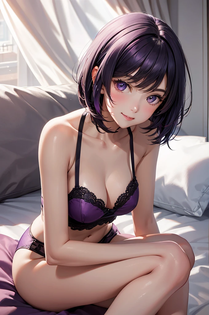 Best Quality,High resolution,8k,finelity detailed background,Masterpiece:1.2),beautiful girl,Shiny purple hair,bob cut,Purple Eyes,Gentle look,A refreshing look,smile,Best quality,Best Quality,Aesthetic and aesthetic:1.2,Best details((Super detailed))(High-definition CG illustrations),Black underwear,Slender body,night,moon,Bedroom,On the bed,smile,blush,cute,Scrounge,Looking up,Being spoiled,super model,wariza,shoot from,above
