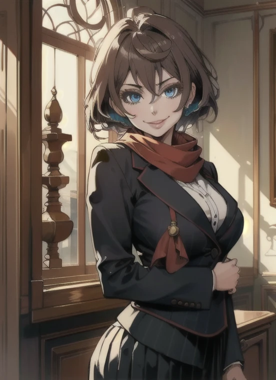 headmistress fiora, 1girl, pinstripe suit, skirt, red scarf, large breasts, seductive smile, solo, detailed face, looking at viewer, potrait, upper body, indoor, window, (masterpiece:1.2, best quality)