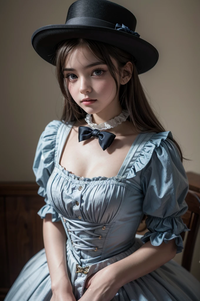 1girl, 12 years old, masterpiece, best quality, 8k, detailed skin texture, detailed cloth texture, beautiful detailed face, full body, standing waiting for her destine, parted lips, sad, looking worried at the viewer, spledid legs, very narrow waist, cleavage, very small breast, intricate details, ultra detailed, Alice in Wonderland, (a bow on her head:1.1), upper body