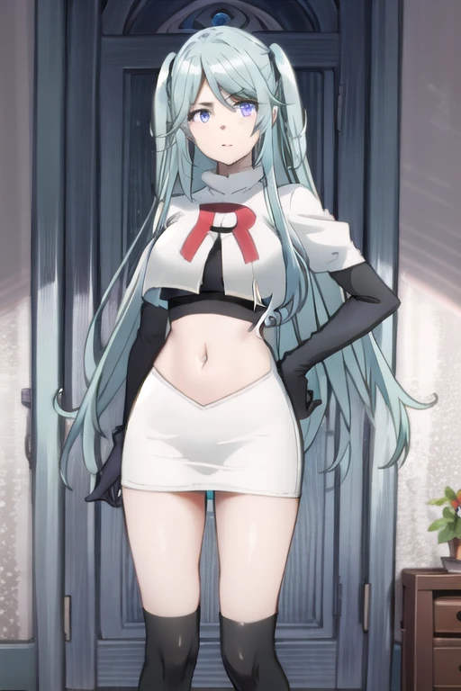 tall body, tall, long legs, mature female, mature, adult, simple background,
eft_eminence_epil, 1girl, twintails, purple eyes, long hair, looking at viewer, solo focus, bangs, blue hair, indoors, very long hair, breasts, sidelocks, team rocket,team rocket uniform,white skirt,red letter R,crop top,black thigh-highs,black elbow gloves