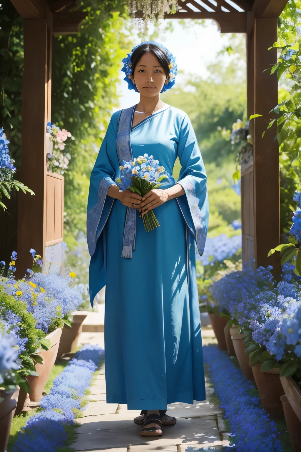 In a fragrant garden, the blind woman is standing with her arms outstretched, gently touching the petals of the flowers she encounters, connecting with nature and the sweet blue flowers.