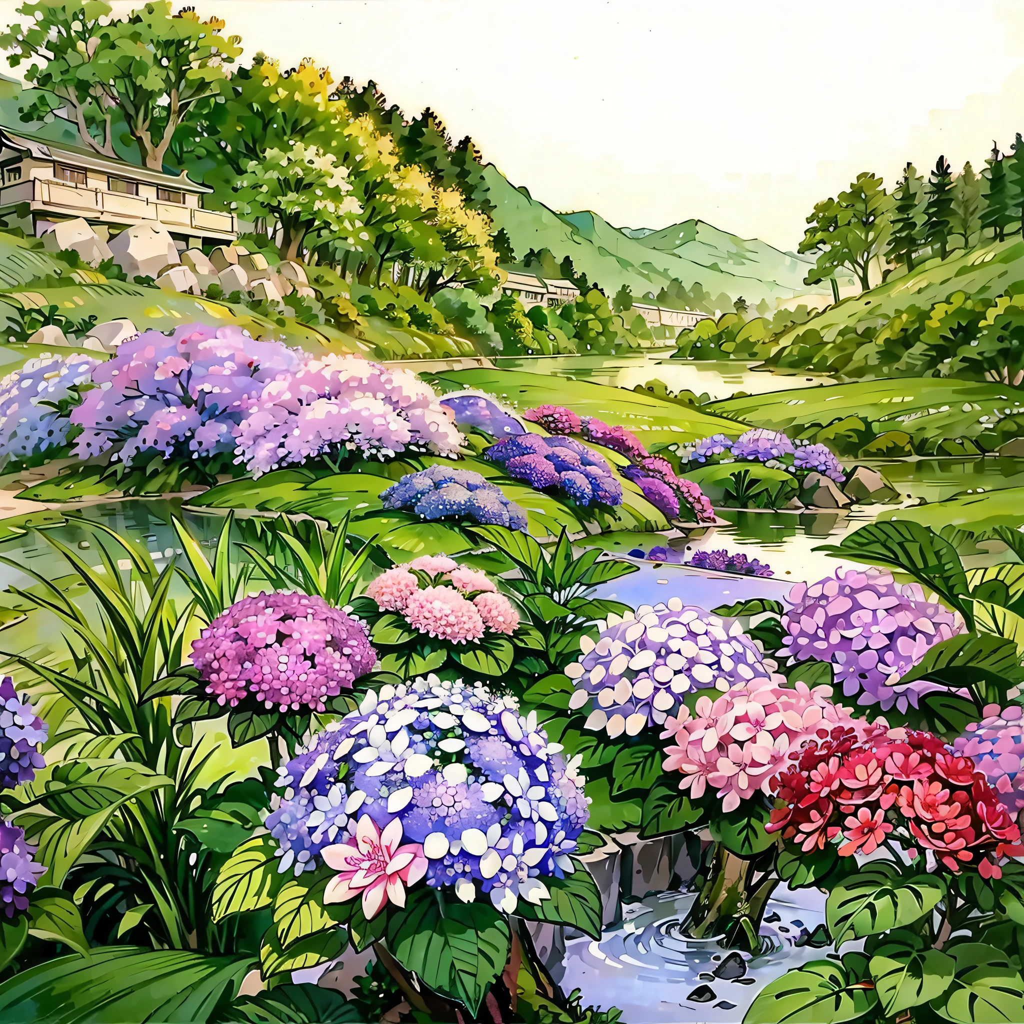 purple and blue flowers are blooming in front of a pond, deity of hydrangeas, beautiful iwakura, hydrangea, flower garden summer morning, countryside in japan, flowers garden, beautiful image, heroine japan vivid landscape, flowers in foreground, beautiful scenery, japan nature, incredibly beautiful, indigo blooming flowers garden, lush flowery outdoors, surreal waiizi flowersHD, (Best Detail), (Best Quality), ink painting, (Chinese style), detailed and delicate face, serafuku,