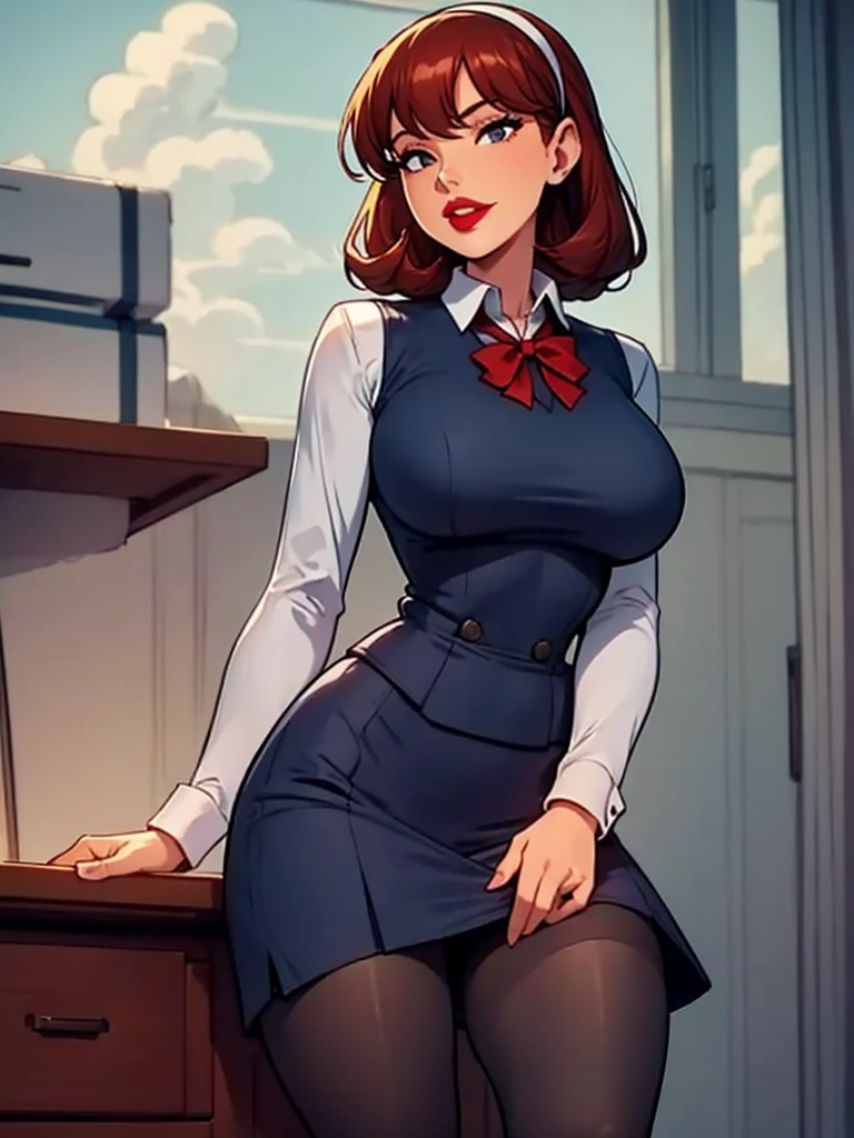 Sharona, wearing a navy office suit, white shirt, navy skirt,red lips,hairband, black tights, high quality, 