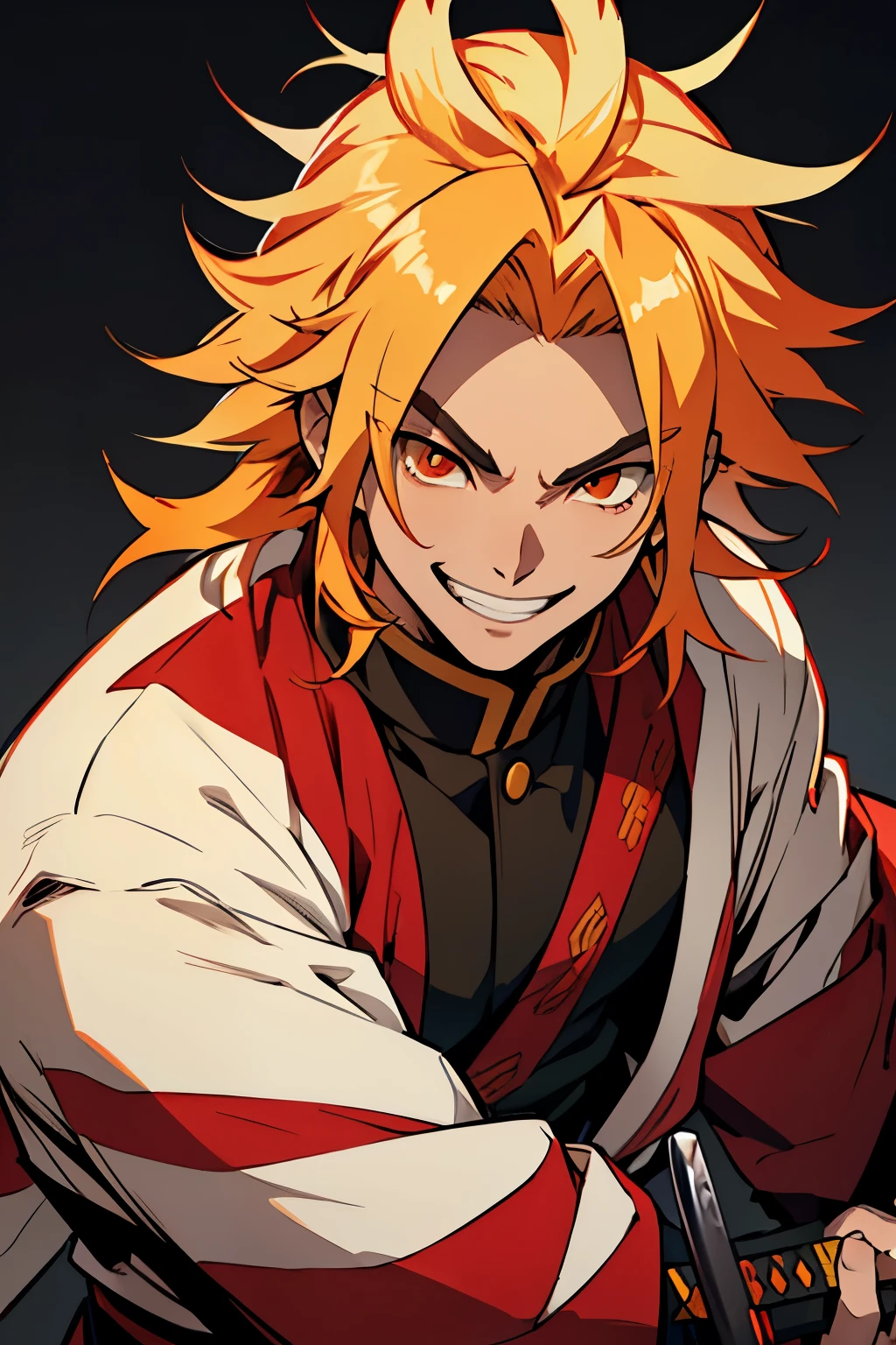 white young man, blonde hair with red highlights, orange eyes, rengoku eyebrows, smile, demon slayer uniform, katana, pride smile, medium hair, messy hair