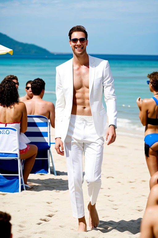Mister man handsome tall white angel face on the beach , a catwalk box with a swimsuit, many audiences celebrating with bubbles and singers applauding behind him