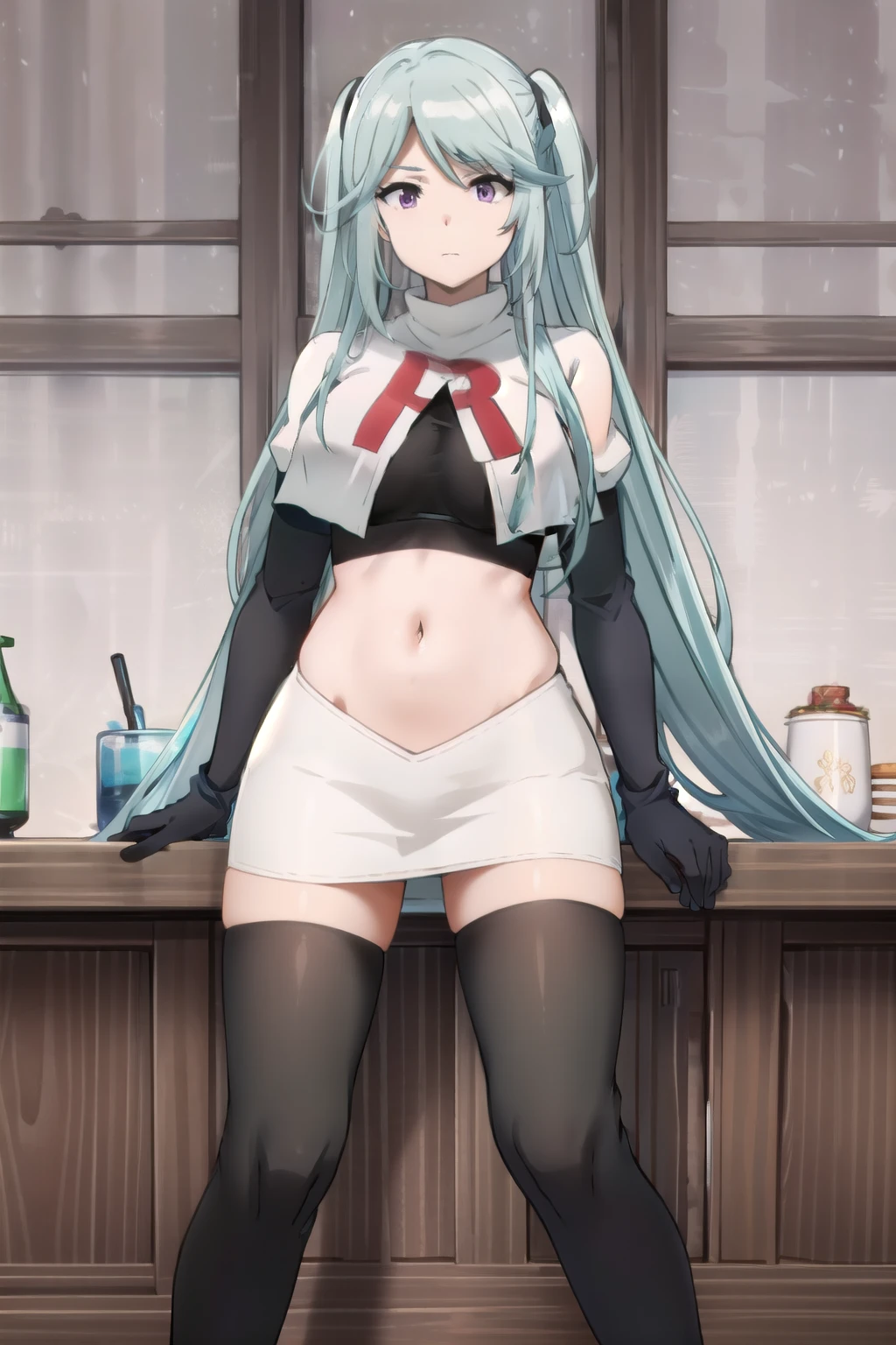 tall body, tall, long legs, mature female, mature, adult, simple background,
eft_eminence_epil, 1girl, twintails, purple eyes, long hair, looking at viewer, solo focus, bangs, blue hair, indoors, very long hair, breasts, sidelocks, team rocket,team rocket uniform,white skirt,red letter R,crop top,black thigh-highs,black elbow gloves