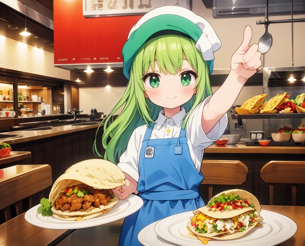Cute with short green hair and chef hat, thumb up, a taco stand in the background