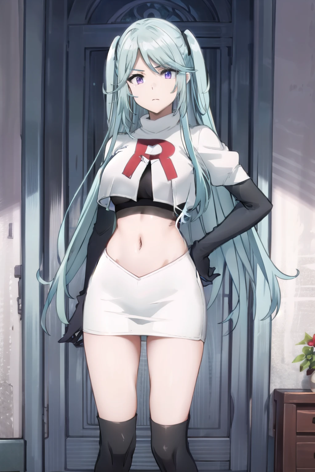 tall body, tall, long legs, mature female, mature, adult, simple background,
eft_eminence_epil, 1girl, twintails, purple eyes, long hair, looking at viewer, solo focus, bangs, blue hair, indoors, very long hair, breasts, sidelocks, team rocket,team rocket uniform,white skirt,red letter R,crop top,black thigh-highs,black elbow gloves