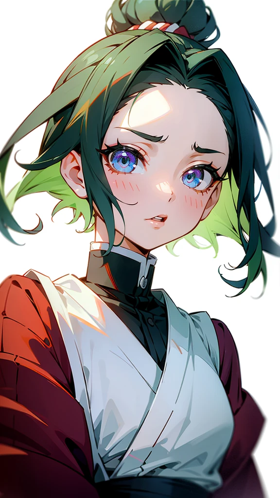 Anime Kimetsu no Yaiba Details, BREAK,, 1 girl, Alone, Eurasian, extremely beautiful, Beautiful, detailed face, detailed skin complexion, pretty eyes, Chapped lips, seductive, medium hair, , BREAK,, simple background,, BREAK,, portrait, F1.4/35mm, perspective, depth of field, proportion, Focus on face, blurred background, bokeh, sharp focus, depth and dimension, proportion, third party rule, BREAK,, green hair