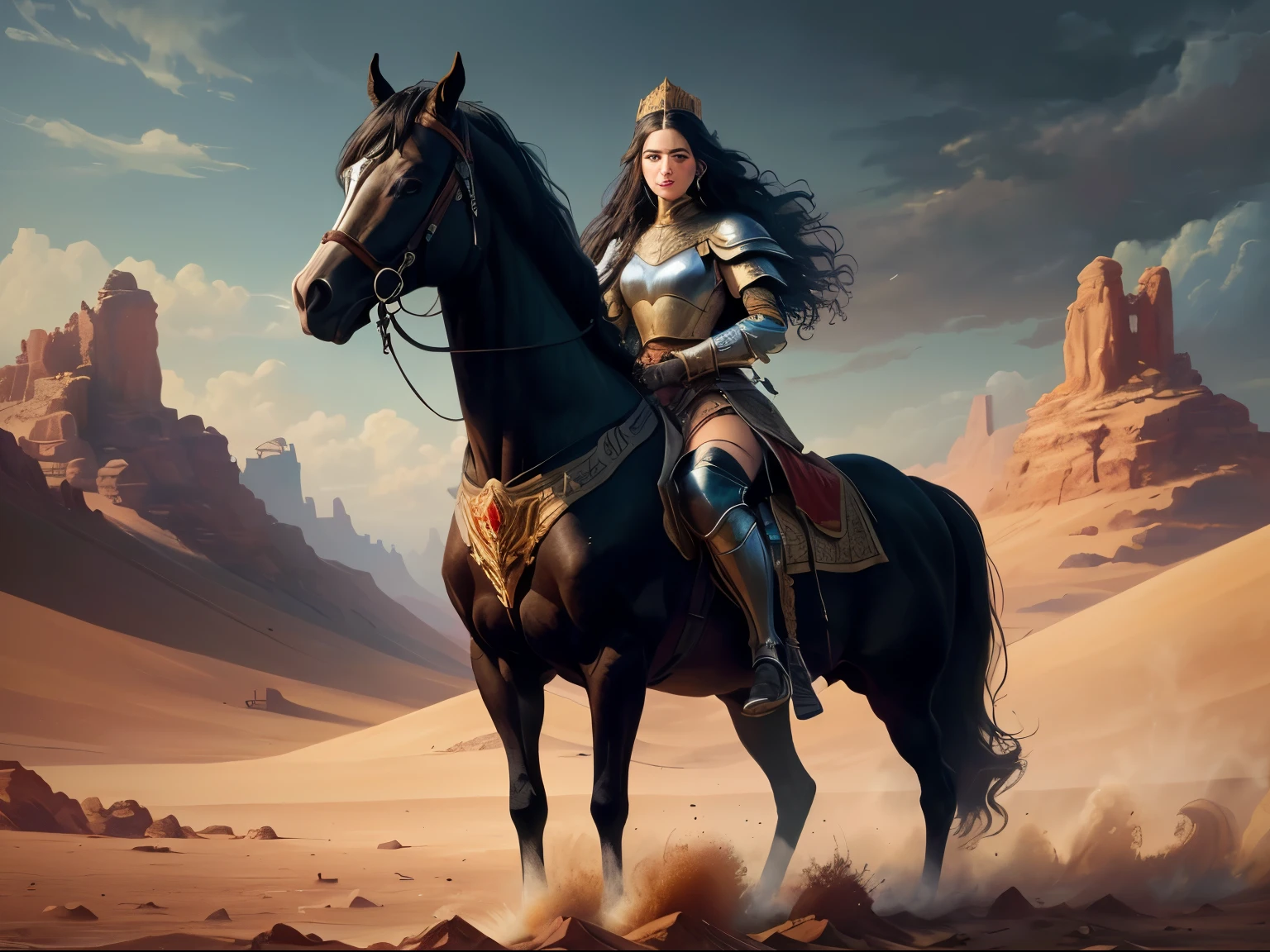 ((best quality)), ((masterpiece)), (detailed), A digital illustration of a long black haired queen warrior on a horse in a desert storm, with people kneeling and pleading in front of her. The queen has a fierce expression and the background is chaotic.