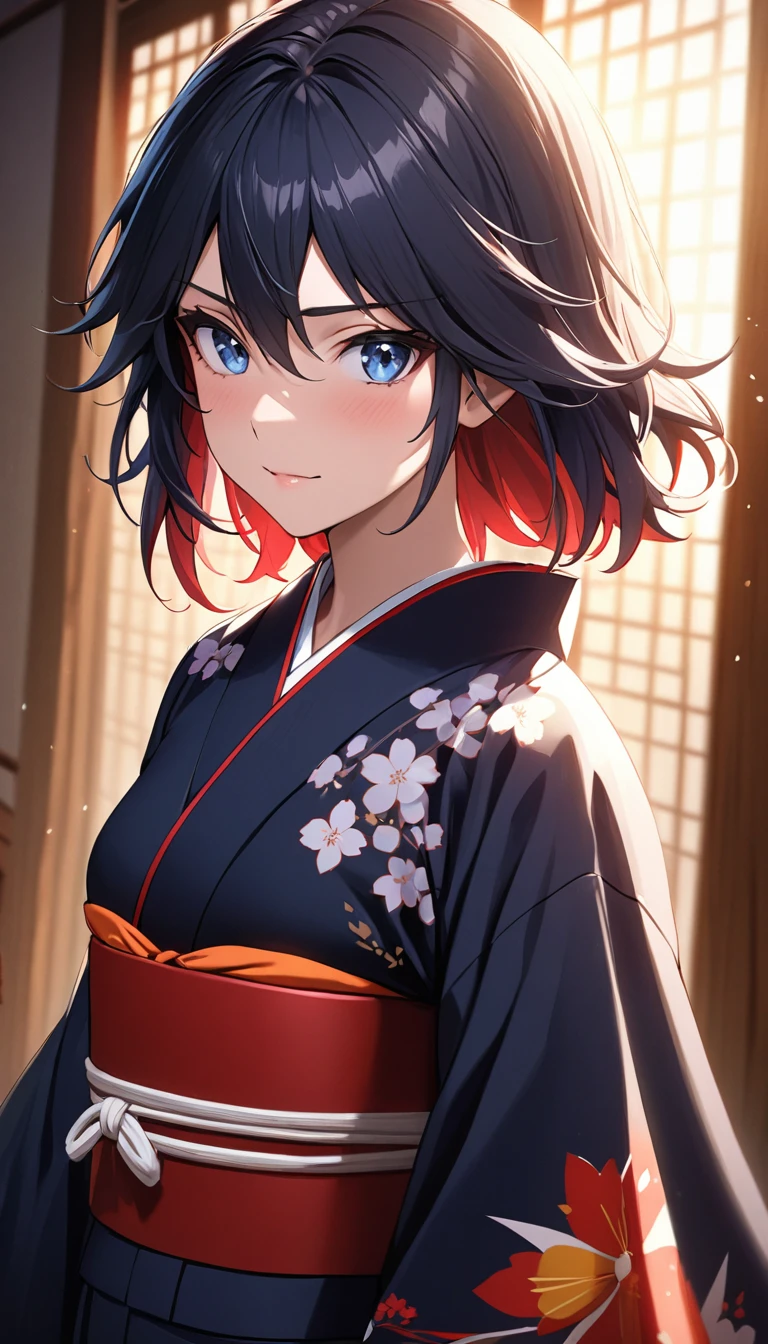 a beautifully detailed masterpiece of a single girl, with an extremely detailed and realistic face, perfect lighting, matoi ryuuko, wearing a short japanese kimono, in a cowboy shot