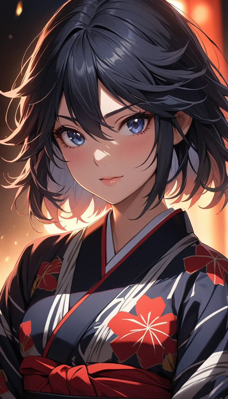 a beautifully detailed masterpiece of a single girl, with an extremely detailed and realistic face, perfect lighting, matoi ryuuko, wearing a short japanese kimono, in a cowboy shot