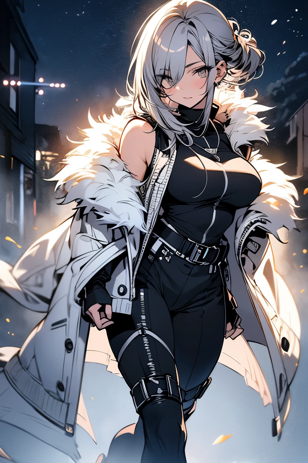 Original photo, best quality, full body photo), (Realistic, photo fidelity: 1.3), (Extremely delicate and beautiful: 1.1) 1 woman chiseled physique and wide hips, leggings, pleated skirt, sports top, high ponytail, high boots, long fur jacket, on a hazy moonlit night in a ghost town, monochrome style, line art, detailed face, detailed eye's, detailed lips, wide hips