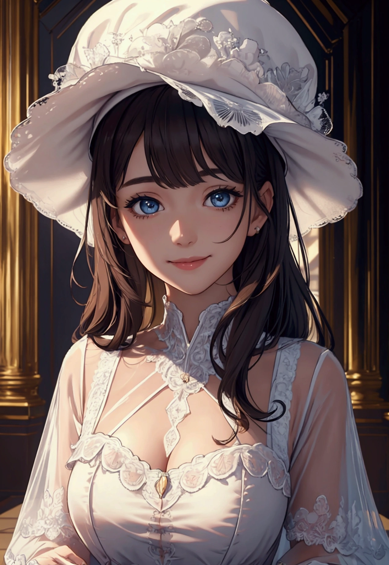 middle view, medium shot, depth of field, bust, upper body, cinematic angle, ​masterpiece, best quality, super detailed, CG, 8k wallpaper, pretty face, delicated eyes, a countries, alone, smile, bangs, Rock, chemise, hat, gown, arch, Petals, ostrich