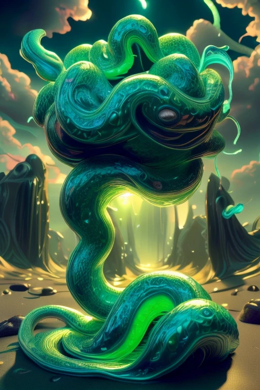 Slime monster, amorphous serpent slime of monstrous colors ,Snake Slime creature,
masterpiece,Highest quality,8k,High resolution,
Fantastic,scary,horrific, non euclidean
Please draw a amorphous slime snake monster from H.P. Lovecraft. Slime monster in the desert,