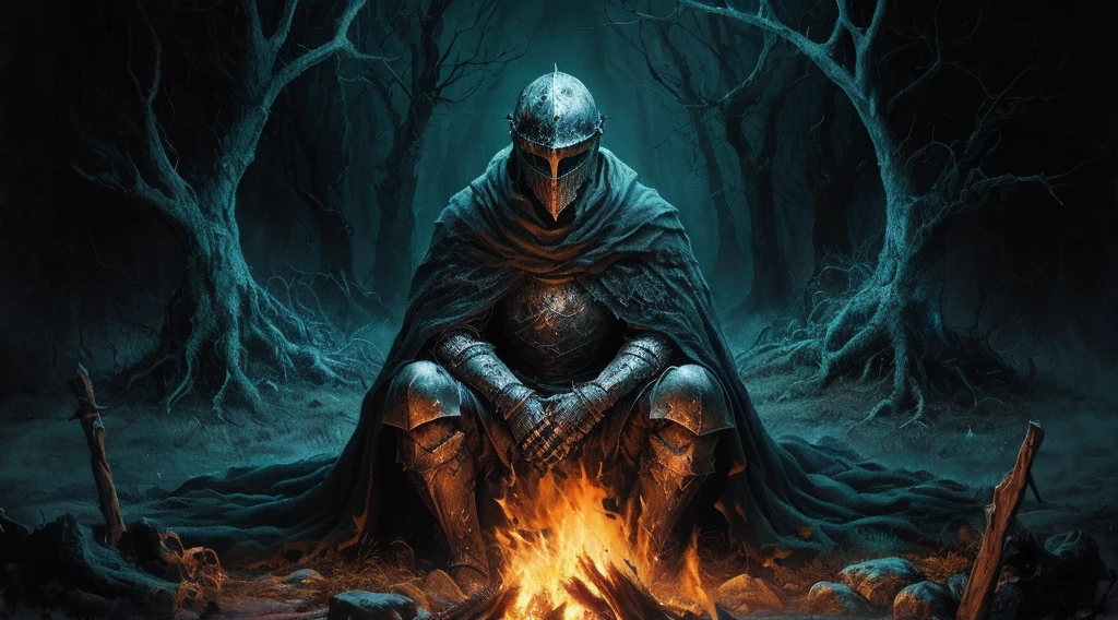 A captivating dark fantasy painting of a knight reminiscent of Dark Souls sitting alone in a desolate forest. He dons a somber cloak and wears a helmet adorned with intricate patterns. In front of him, there's a roaring fire, while the surrounding trees are gnarled and twisted. The atmosphere is eerie and moody, with deep blues and greens dominating the palette, enhancing the conceptual art style and creating a hauntingly beautiful illustration., illustration, painting, dark fantasy, conceptual art, vibrant, graffiti
