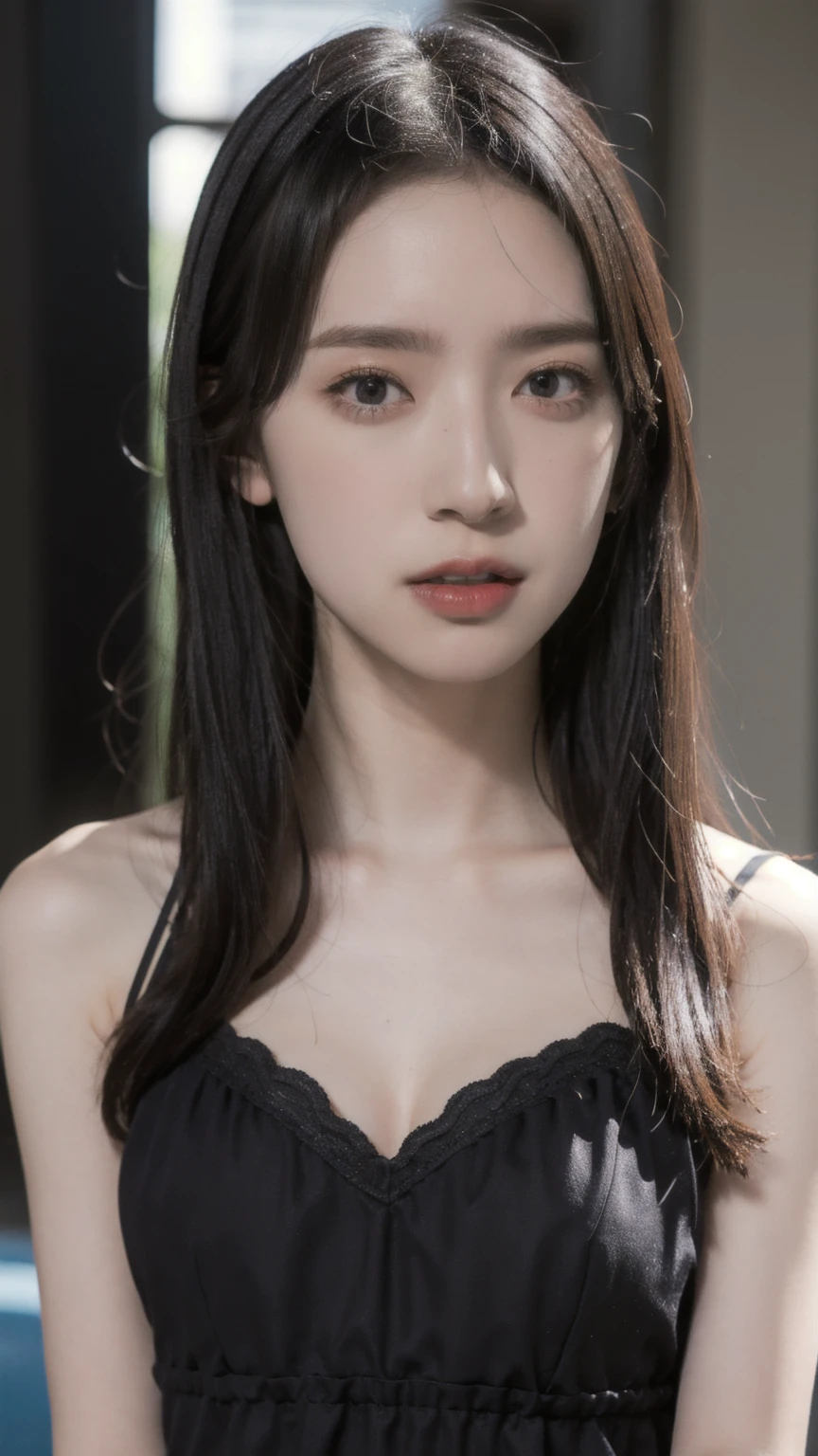 realistic photos of (1 cute Korean star) flipped hair, thin makeup, big breasts, sexy erotic tiny string of G-string lingerie, at the train station, clear facial features of Canon EOS, 16k, high resolution, sharp and realistic details, overexposure, cut-in, UHD, high res, best quality, 3/4 body, little smile, (sweating), ((long hair)), (whole body:1.3)