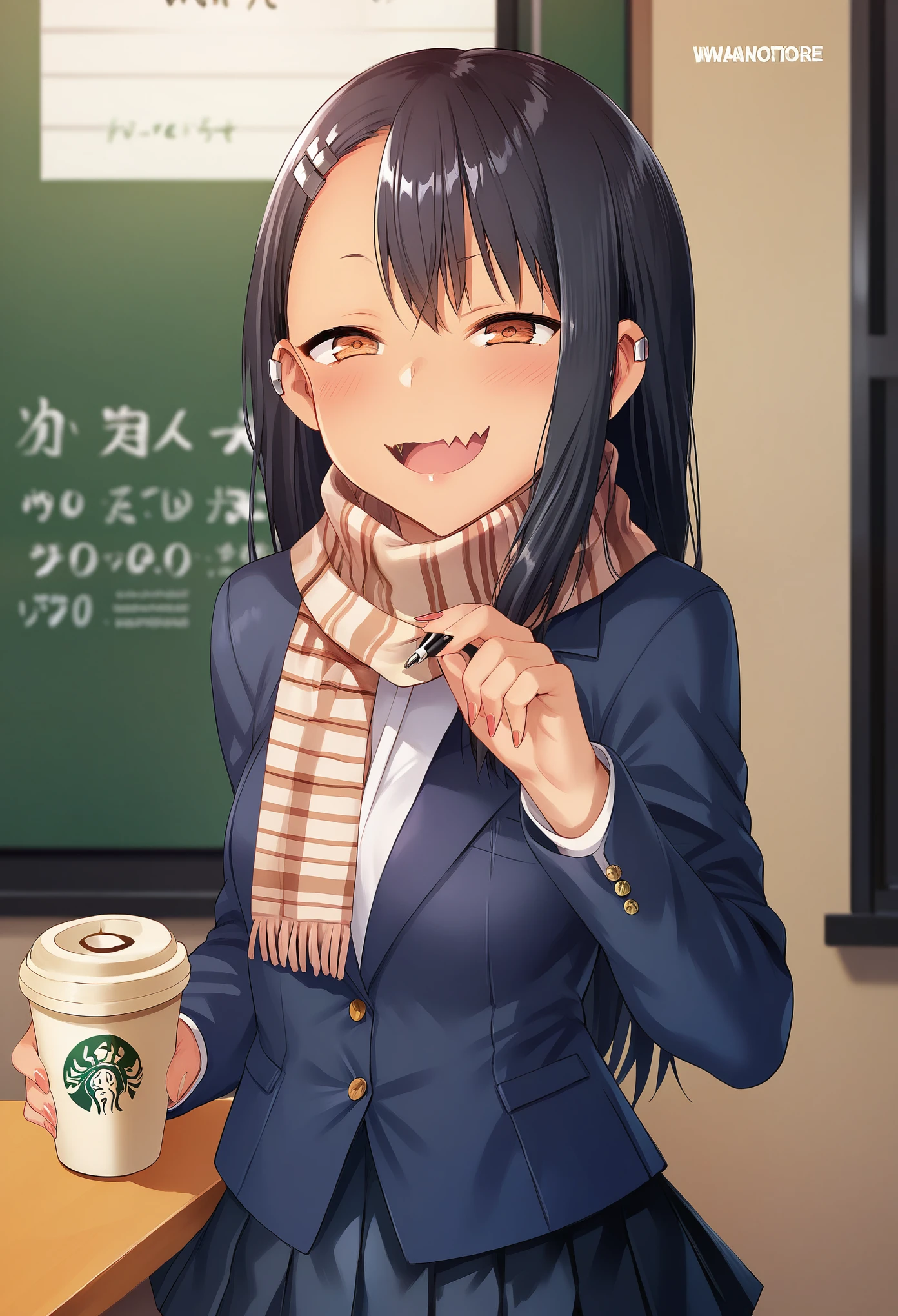 score_9, score_8_up, score_7_up, uncensored, source_anime, 1girl, solo, masterpiece, best quality, detailed face, face focus, BREAK nagatoro hayase, 1girl, solo, scarf, jacket, coffee shop, pleated skirt, 