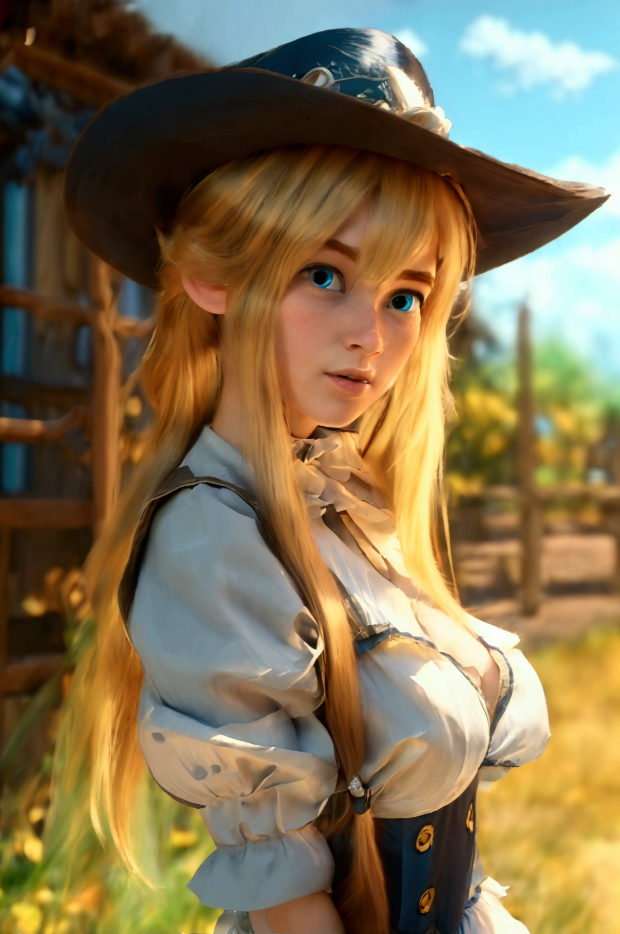 ((masterpiece)), ((best quality)), ((highres)), ((detailed background)), ((Extreme detail CG Unity 8K wallpaper)), alone, Shiona, blond hair, Long hair, blue eyes, Hair Tuft, Cowboy-shot, outside, ((Maid outfit))