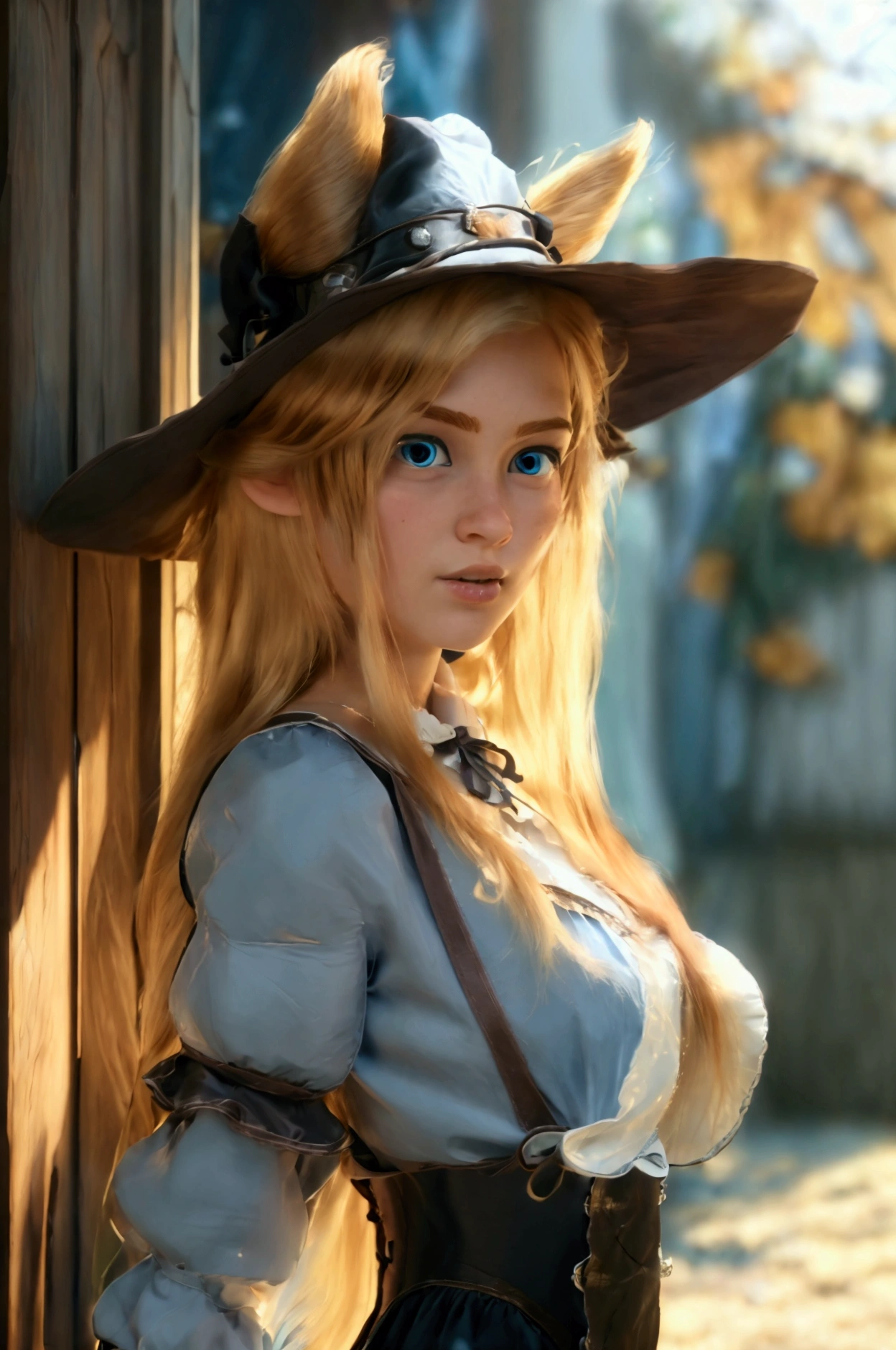 ((​masterpiece)), ((best quality)), ((highres)), ((detailed background)), ((Extreme detail CG Unity 8K wallpaper)), alone, Shiona, blond hair, Long hair, blue eyes, Hair Tuft, Cowboy-shot, outside, ((Maid outfit))