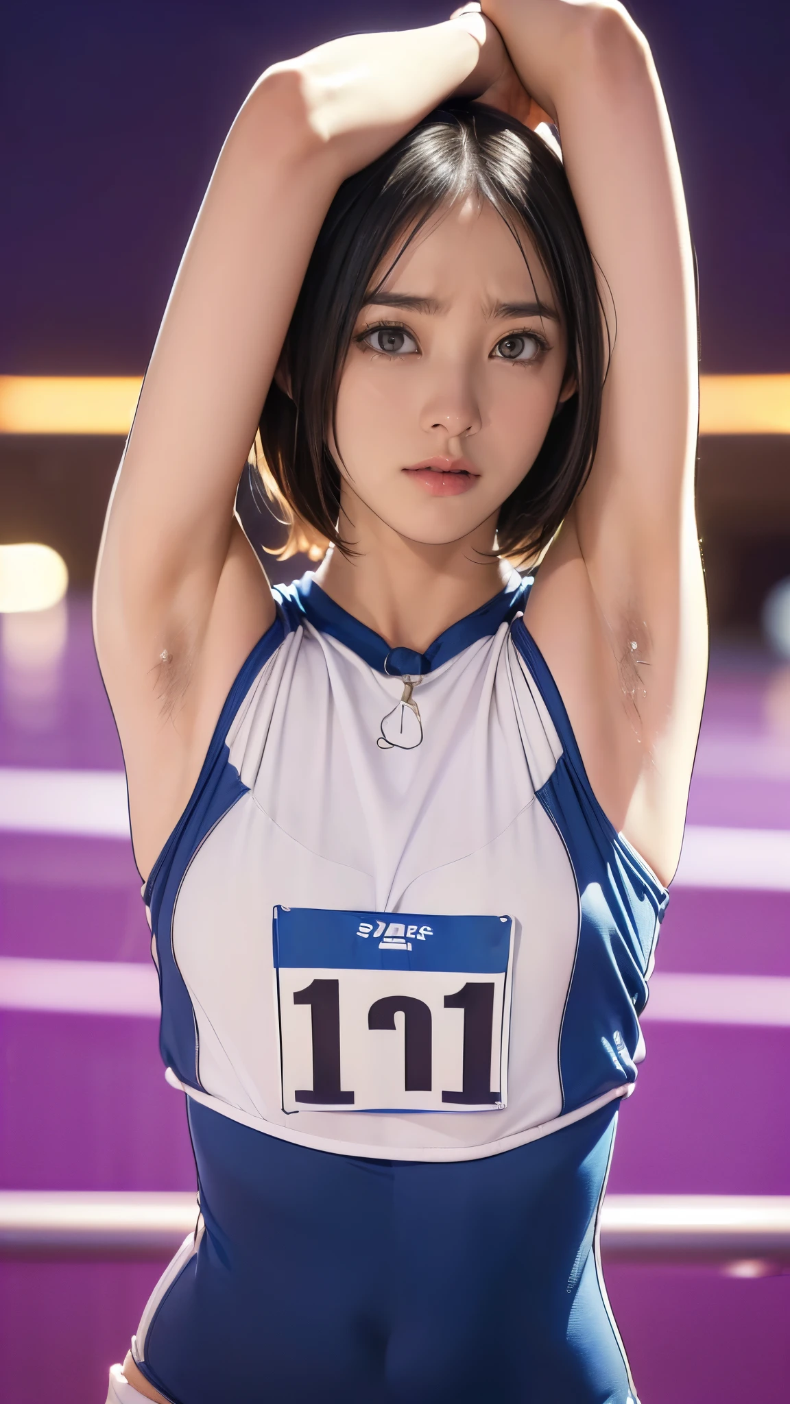 (***************:1.5, Very slim:1.5, Very thin arms:1.5, Very Short Hair, Armpit Hair), (Show me your armpit hair:1.4), (Tabletop:1.3), (8k, Realistic, RAW Photos, Highest quality: 1.4), (Shortcuts:1.3), ((Cute type, Big eyes, Droopy eyes, A pained cry:1.4, shout:1.4, Shout out, Stretch your arms:1.3)), (Real Skin), Beautiful Skin, 超High resolution, Ultra-realistic, High resolution, (夜のAthletics場, Track and Field:1.5), Athletics