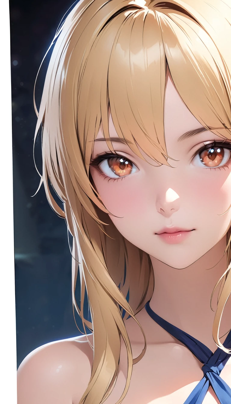 A blonde woman with long hair and a blue dress is posing for a photo, Realistic anime art style, Photorealistic anime girl rendering, Smooth anime CG art, Anime realism style, Realistic art style, Realistic young anime girl, Gorgeous digital painting, Realistic Anime 3D Style, Beautiful anime portraits, Realistic anime art style, Close-up character portraits, 3D Anime Real, Anime style portrait