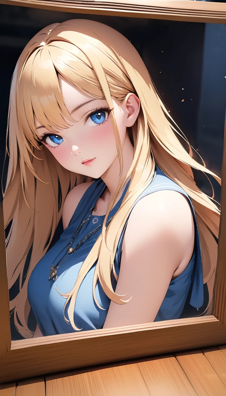 A blonde woman with long hair and a blue dress is posing for a photo, Realistic anime art style, Photorealistic anime girl rendering, Smooth anime CG art, Anime realism style, Realistic art style, Realistic young anime girl, Gorgeous digital painting, Realistic Anime 3D Style, Beautiful anime portraits, Realistic anime art style, Close-up character portraits, 3D Anime Real, Anime style portrait