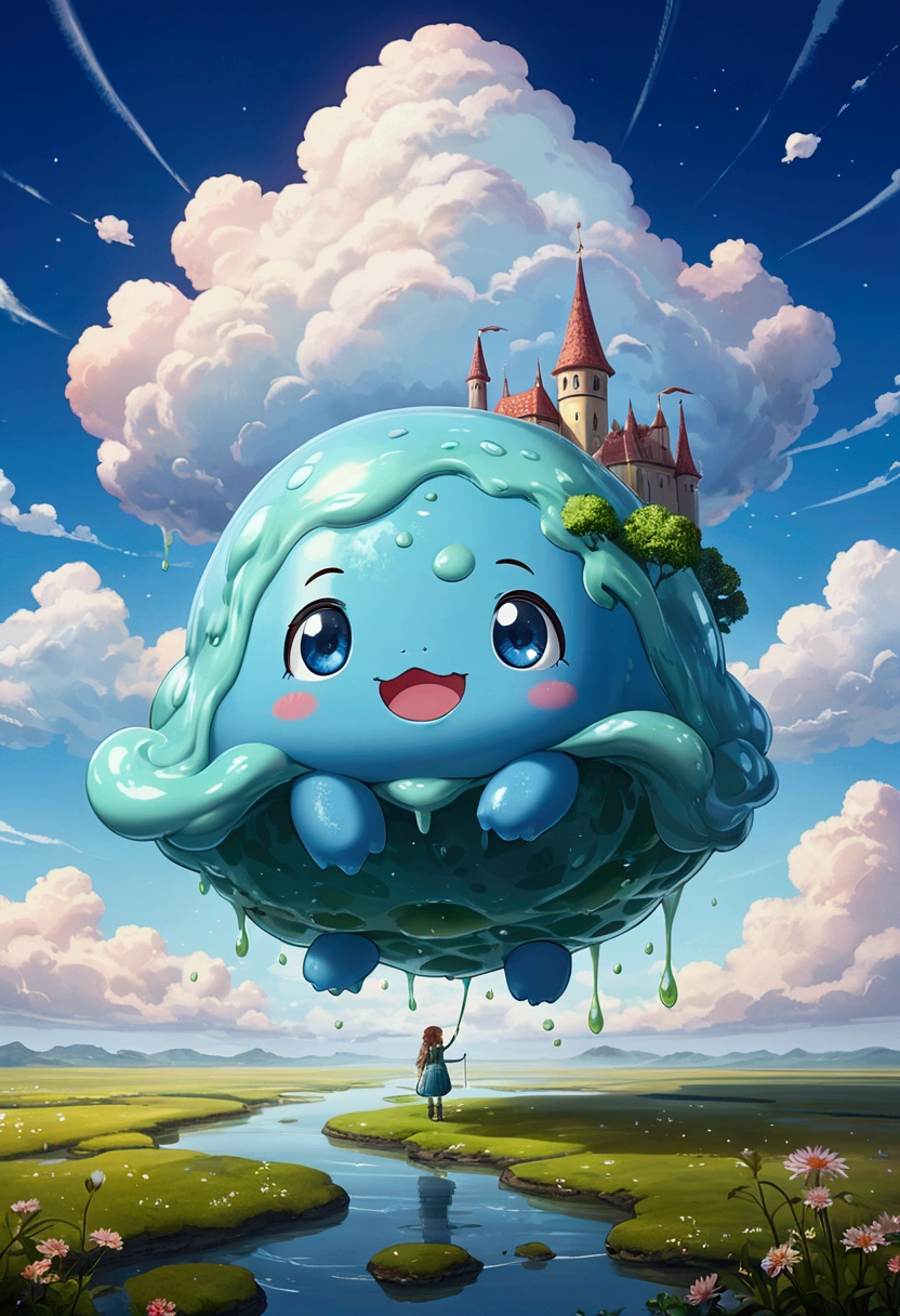 (cute Slime, fantasy creature), fantasy art, an imaginative scene on floating clouds with a dreamy sky in the background, full body, award-winning, cinematic still, emotional, vignette, dynamic, vivid, (masterpiece, best quality, photorealistic, Professional, perfect composition, very aesthetic, absurdres, ultra-detailed, intricate details:1.3)​