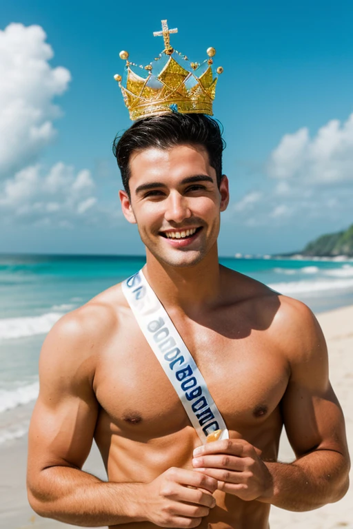 Mister world man winning crown on a beach, many people applaud him and celebrate with a bubble