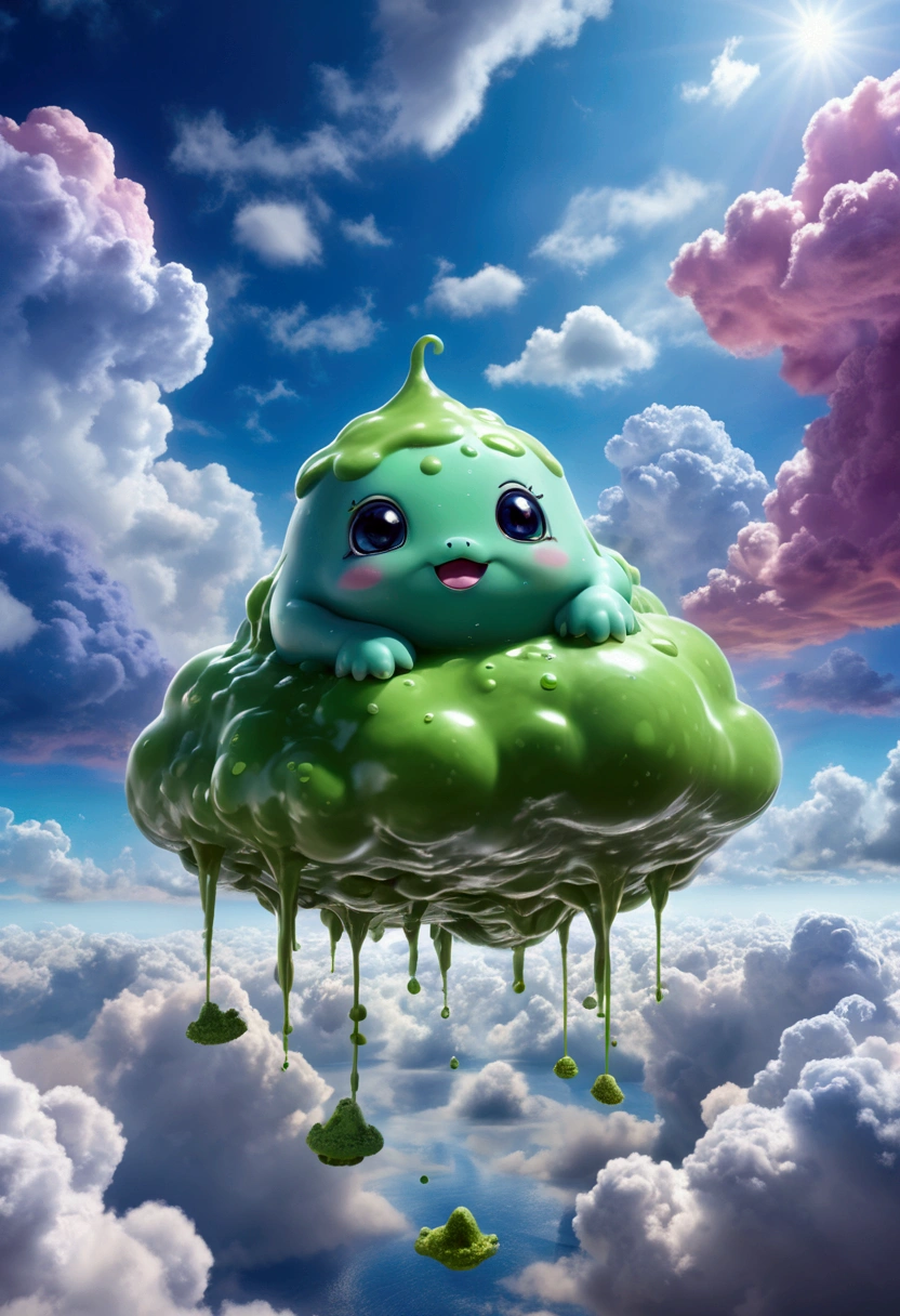 (cute Slime, fantasy creature), fantasy art, an imaginative scene on floating clouds with a dreamy sky in the background, full body, award-winning, cinematic still, emotional, vignette, dynamic, vivid, (masterpiece, best quality, photorealistic, Professional, perfect composition, very aesthetic, absurdres, ultra-detailed, intricate details:1.3)​