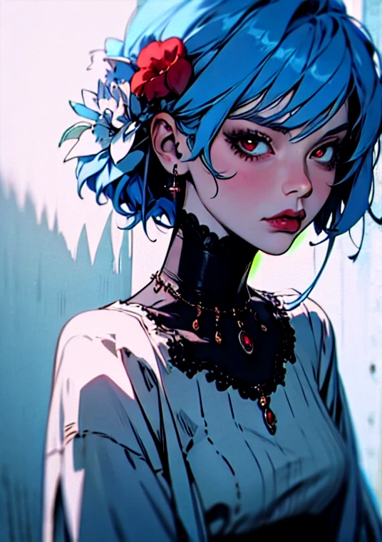 1girl, blue hair, red eyes, looking at viewer, white shirt, upper body, jewelry, diamond earrings, hair flower,