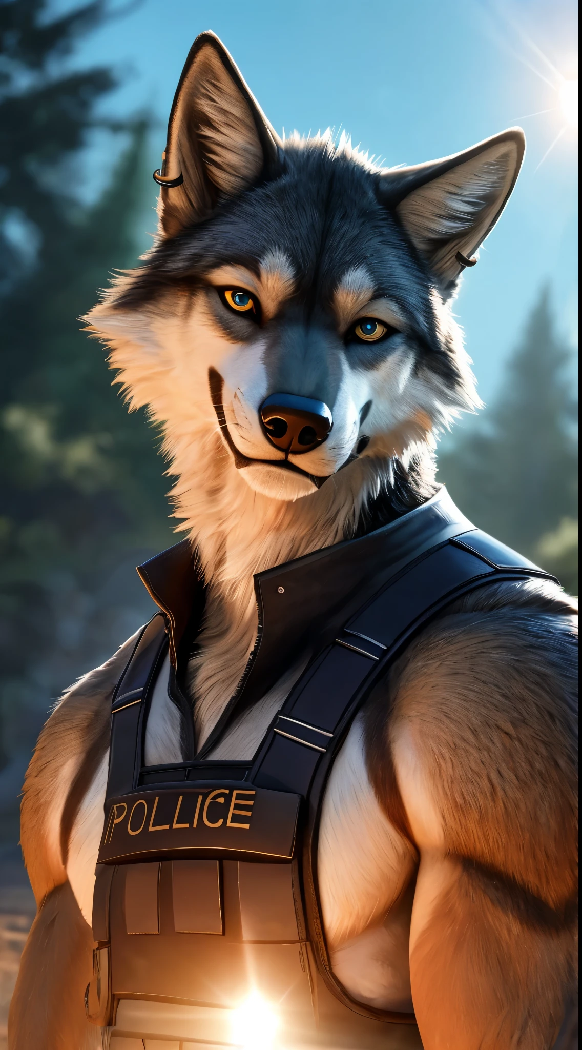 muscular gray wolf, white belly, piercings, full body, police uniform, smirking expression, furry style, sexy wolf fursona, anthropomorphic coyote male, hybrid human/anthro, buff, looking at viewer, sharp teeth, elongated canine fangs, unique fur pattern, enticing stare, sexy, hyper-realistic CGI, photorealistic, high detail, realistic:1.5, masterpiece, absurdres, best quality, HDR, high quality, high-definition, extremely detailed, 8K UHD, Full-HD, realistic photo:1.9, harsh lighting, cinematic lighting, natural lighting, hard light, teal lighting, global illumination, ambient occlusion, depth of field, field of view, lens flare, stunning environment, complex VR chat background, complex and intricate subject